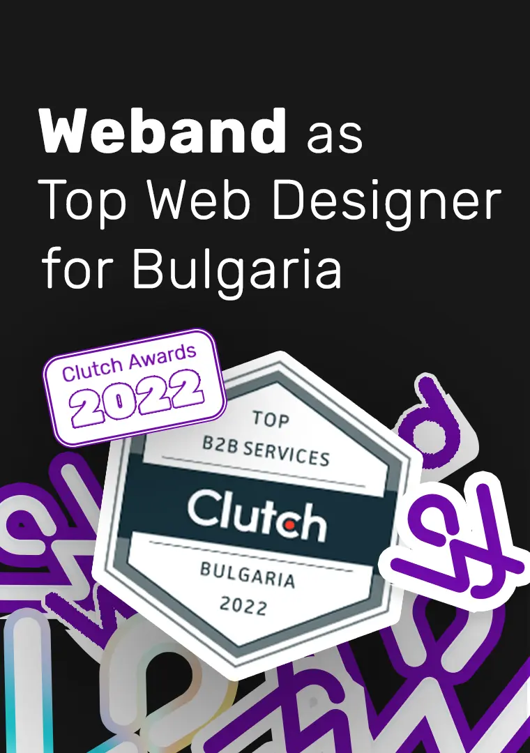 Weband's Badge from Clutch for "Top B2B services" in Bulgaria 2022, surrounded by many of the Weband's logo