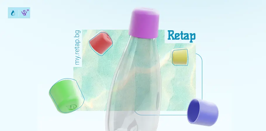 3D Retap Bottle surrounded by 3D caps with a blue background